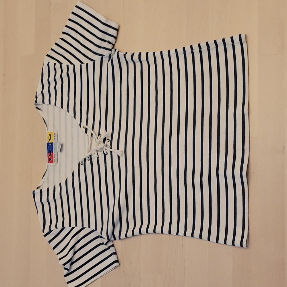 YOYO 1990s Cotton Tie Front Detail Navy and White Striped Shirt